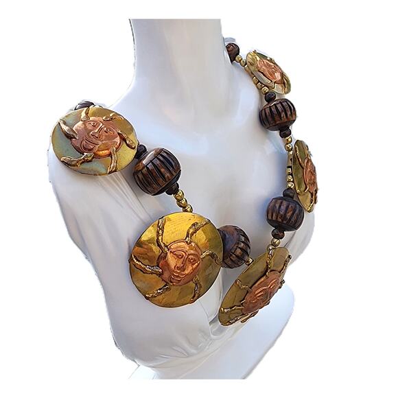 Artisan Contrast Brass Sun Disc Wood Bead Welded Boho Necklace Vintage - Picture 4 of 11